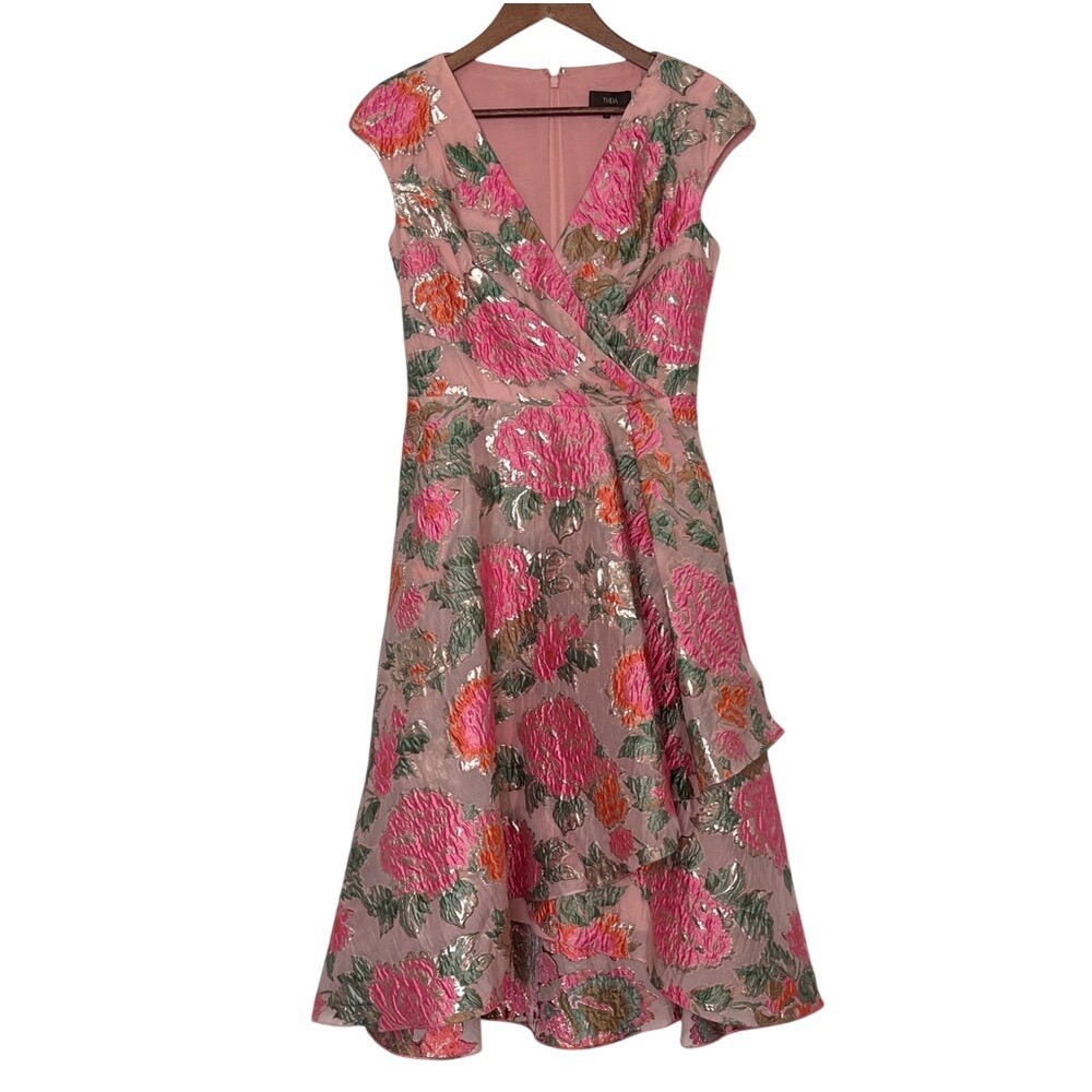 Theia Floral Embroidered Jacquard Midi Dress Pink Gold Wedding Guest Size 4